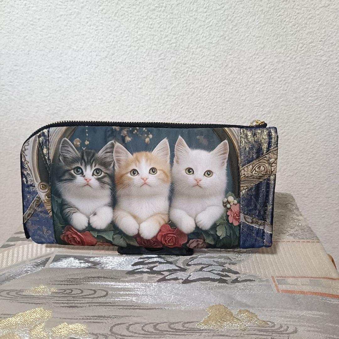 444】猫ちゃん柄パネル生地 帯 ハンドメイド L字型長財布ファスナー