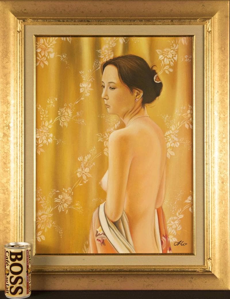 森本草介　油彩　肉筆『立ち姿』表と裏サイン　目黒雅叙園美術館　P8　額　b673