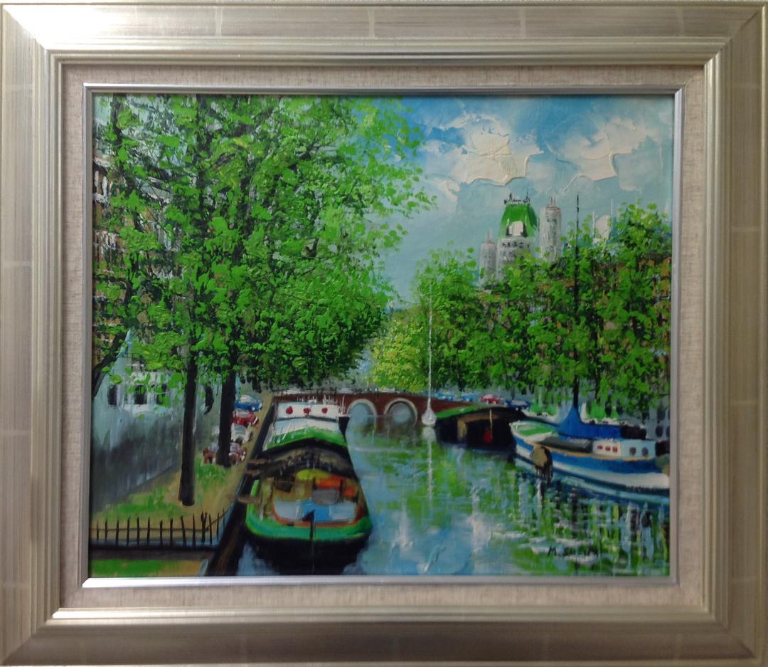 絵画 肉筆油絵 作者不詳 風景画 運河のある風景 絵画 油絵 運河のある街（アムステルダム） （黒沢久） 【肉筆】【油絵