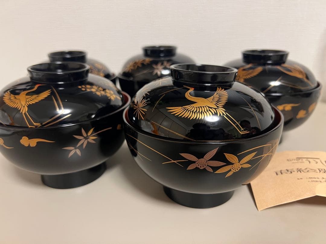 ★新品未使用★石川うるし椀　輪島塗系　高蒔絵「若松文・鶴文」吸物椀(木箱付) 趣楽】 高級漆器 輪島塗 熨斗蒔絵吸物椀五客 共箱 H1601 : 趣楽堂